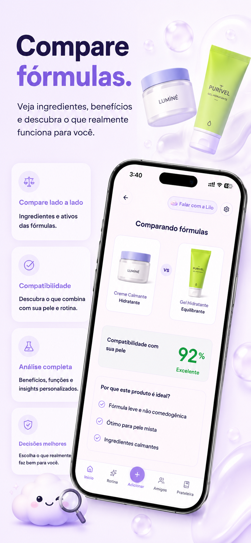 Tela da Lilo comparando fórmulas e compatibilidade de produtos